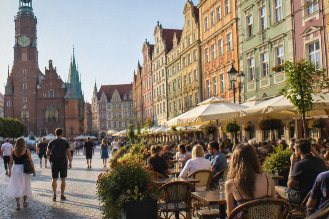 The Wroclaw Market Square on a warm summer evening with cafe tables outside the painted townhouses