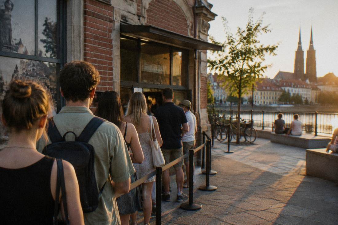 A ticket counter and queue outside a Wroclaw cultural venue on a summer afternoon