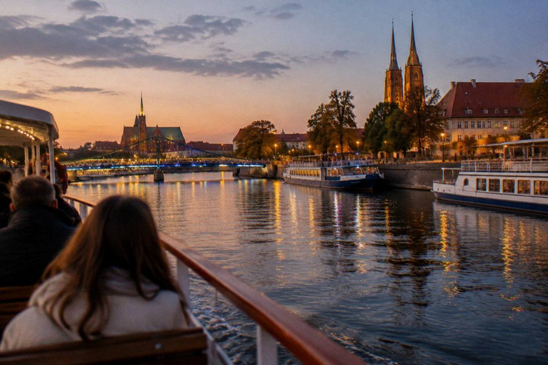 A calm evening on the Odra river with moored cruise boats and Wroclaw's illuminated bridges