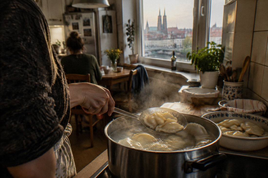 Freshly boiled pierogi being lifted from a pot of boiling water in a kitchen