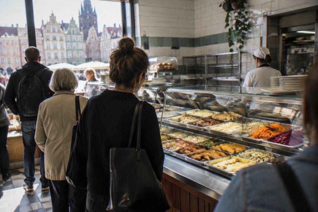 A busy milk bar counter with trays of prepared food behind the glass