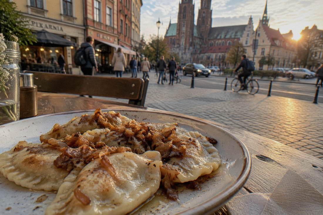 Close-up of pierogi dumplings topped with fried onions and melted butter