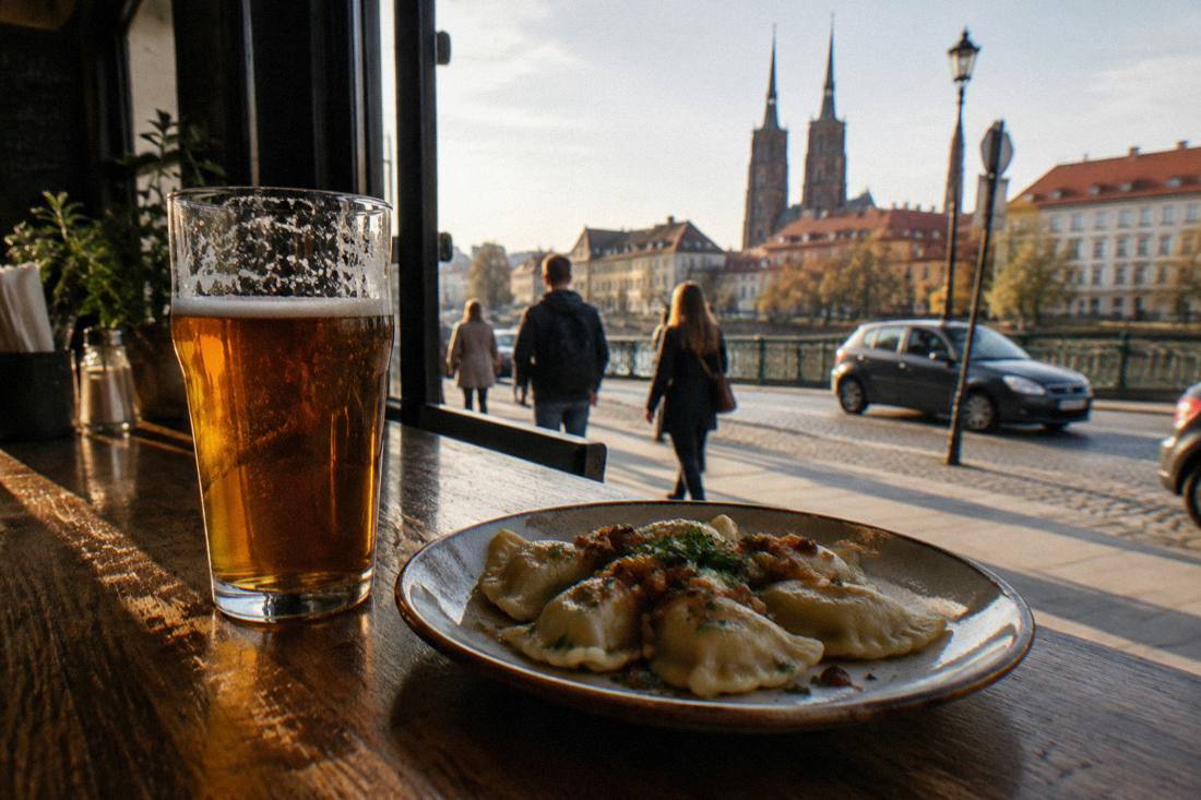 A glass of amber Polish beer standing beside a plate of dumplings on a bar counter
