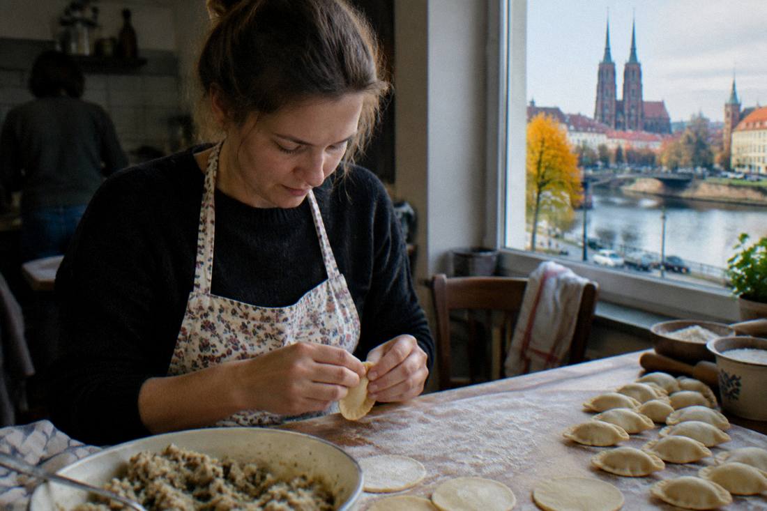 A cook folding pierogi dumplings by hand at a floured kitchen counter