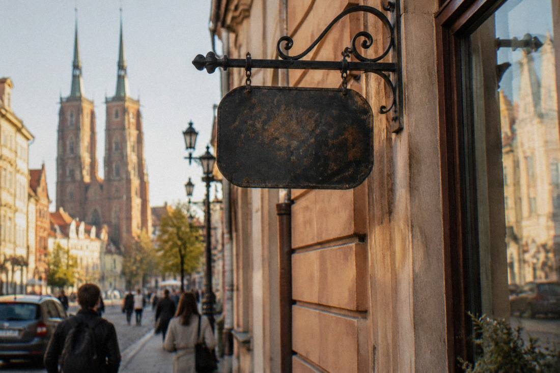A close-up of a Polish street sign hanging on a building facade in Wroclaw
