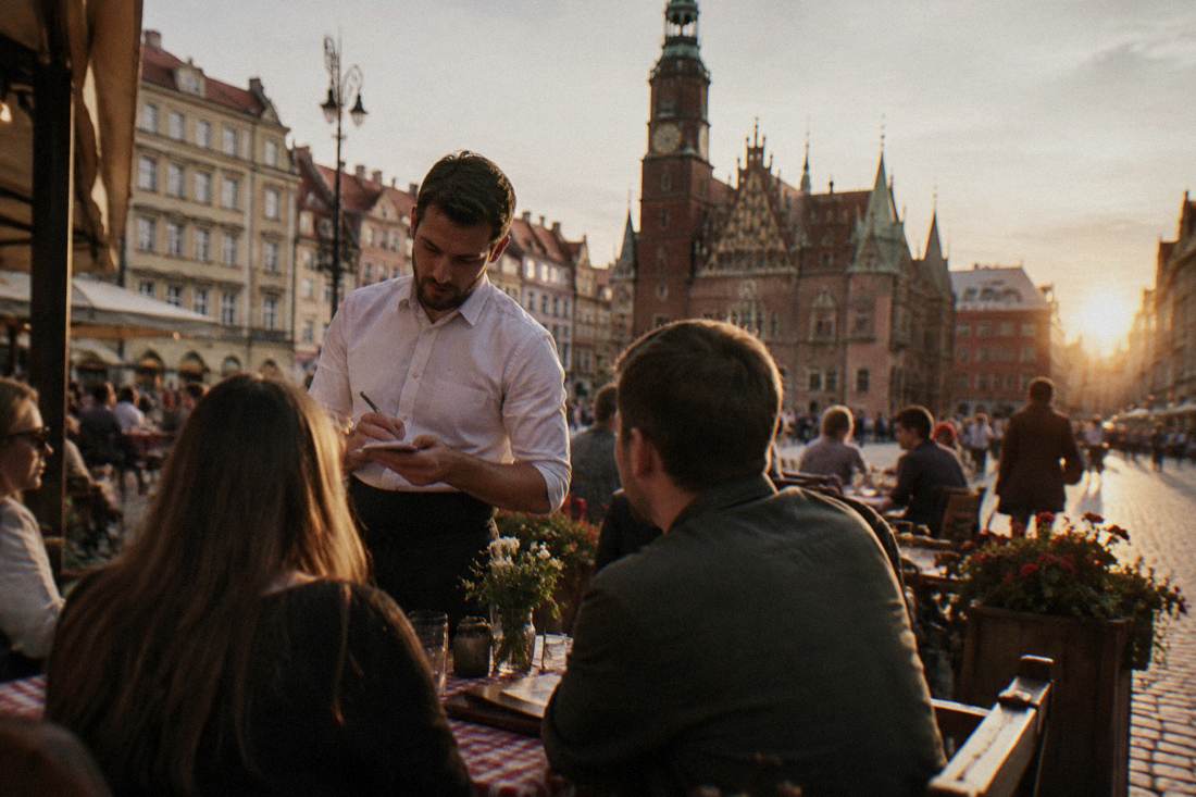 A waiter taking an order from diners at a busy traditional Polish restaurant
