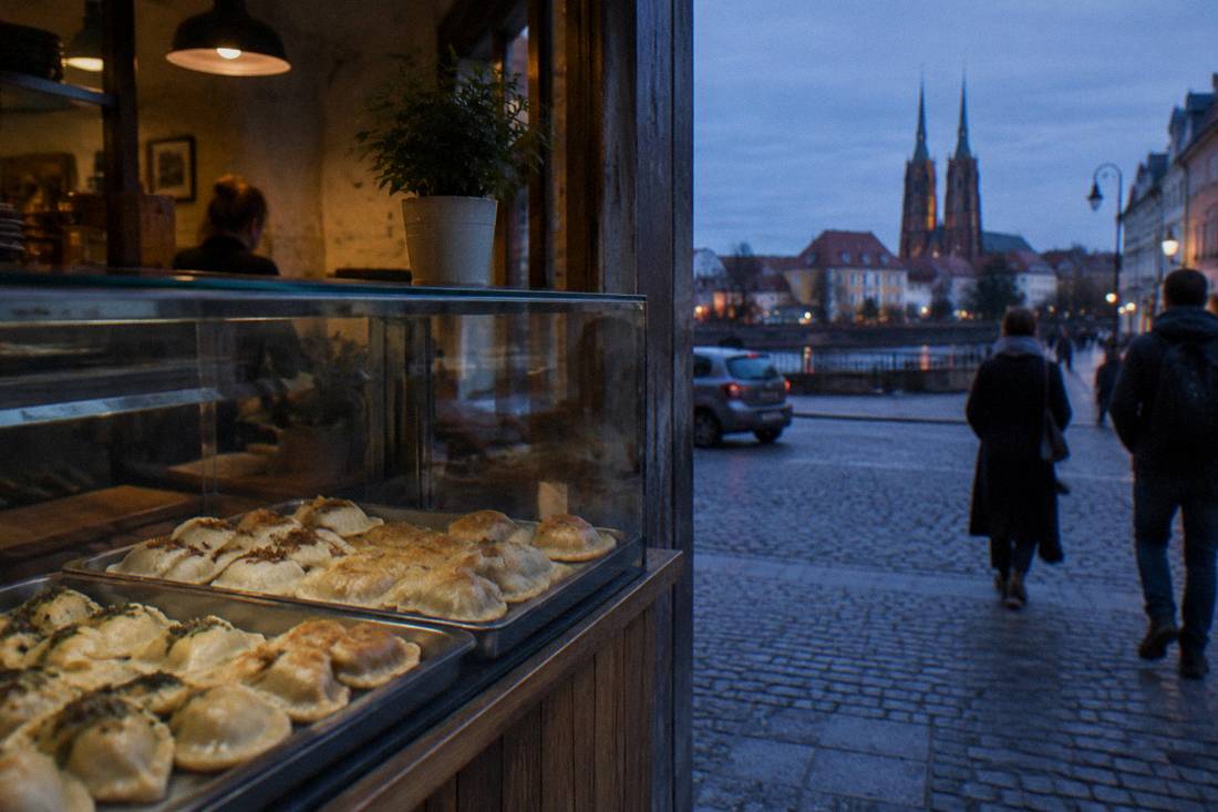 A glass display case with traditional Polish pierogi in a small eatery