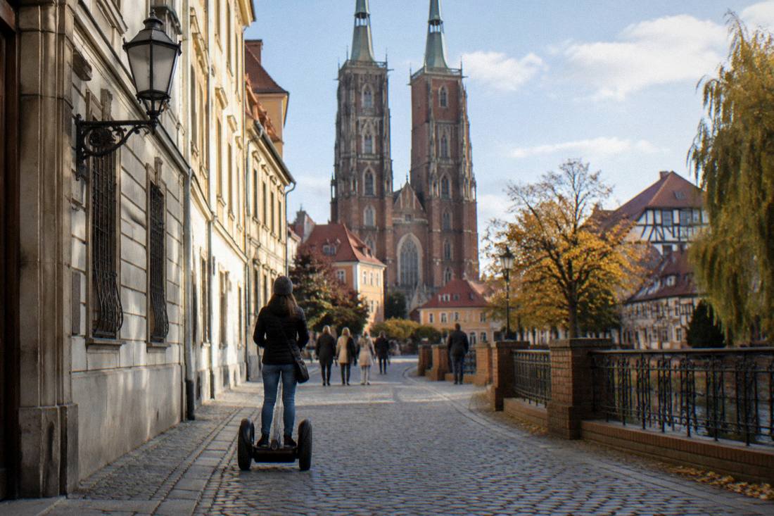 A visitor gliding on a segway past historic buildings near the cathedral in Wroclaw