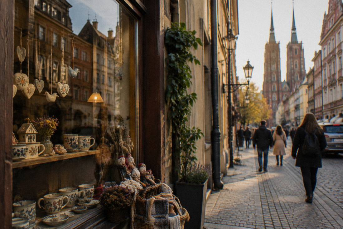 A boutique storefront window with handmade goods on a narrow Old Town street in Wroclaw