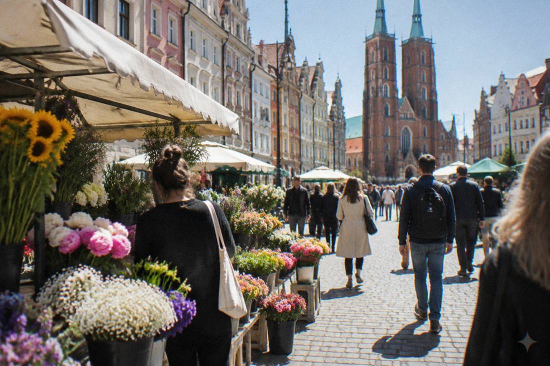 Flower stalls and market stands along a busy shopping street in central Wroclaw