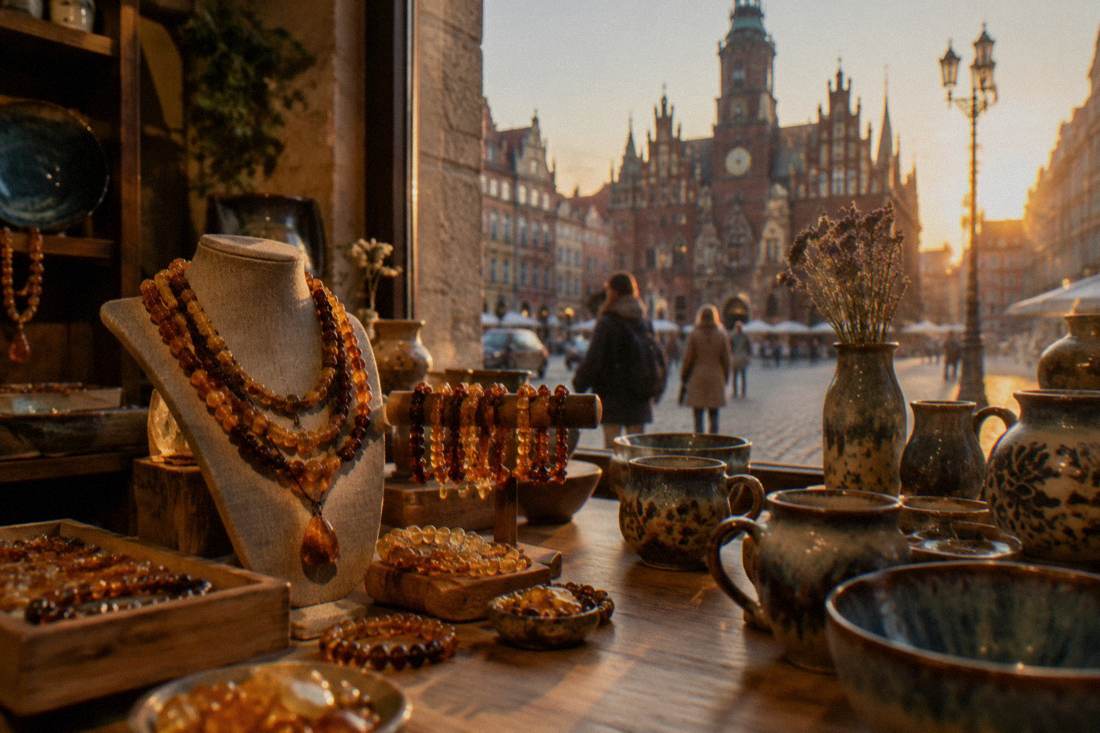 A display of amber jewelry and handmade ceramics inside a gift shop in Wroclaw