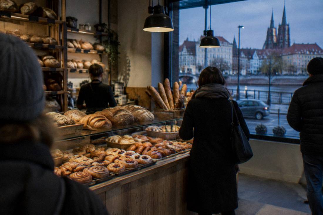 A bakery counter with fresh bread and pastries in a Wroclaw shop