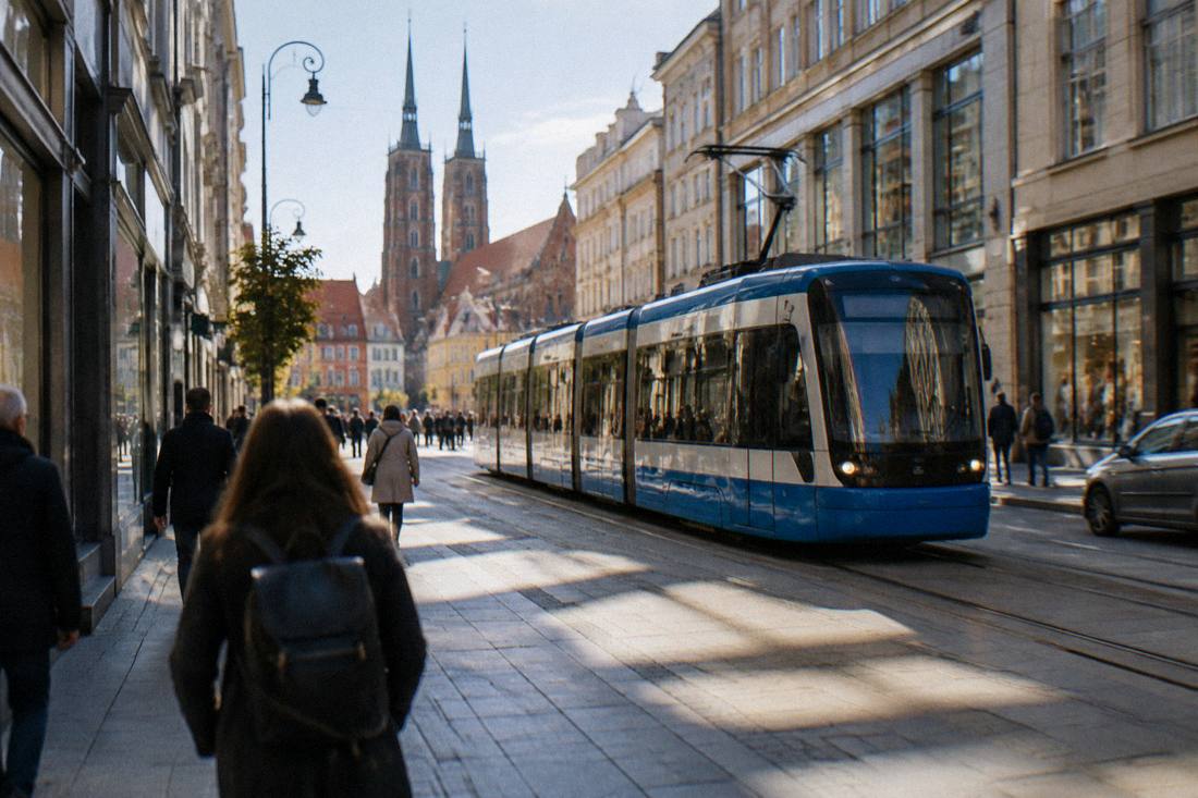 A modern tram passing a shopping street in central Wroclaw