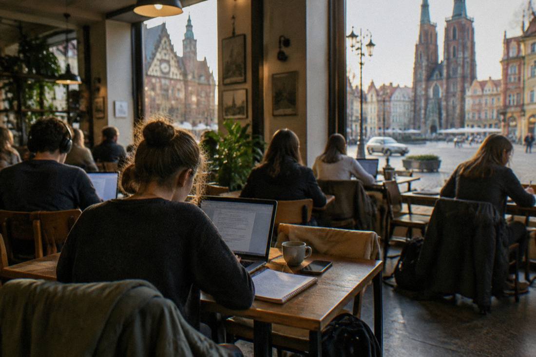 Young people studying with laptops and notebooks at wooden tables in a busy Wroclaw cafe