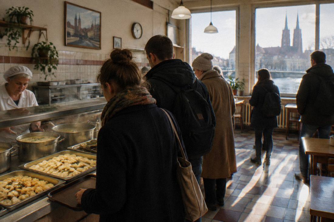 A simple Polish milk bar interior with trays of pierogi and soup and customers queuing at a counter