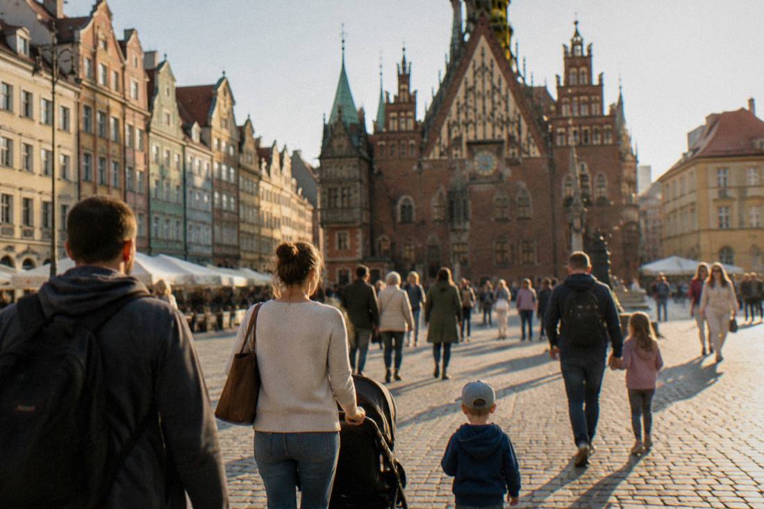 Families walking across the Wroclaw Market Square on a sunny Sunday afternoon