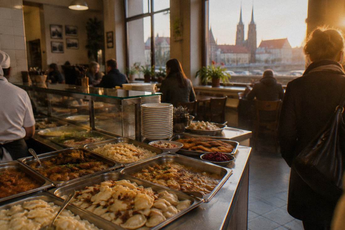 A milk bar counter with trays of Polish dumplings and daily dishes in Wroclaw