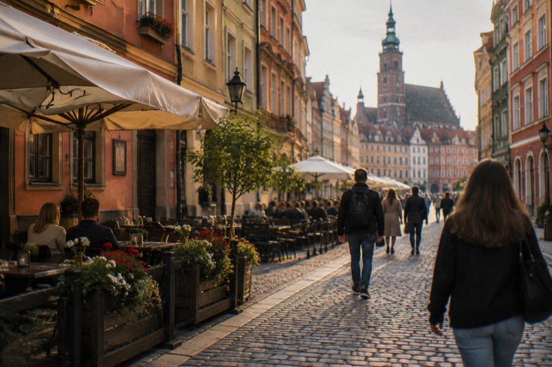 A side street in Wroclaw's Old Town with colorful facades and cafe tables