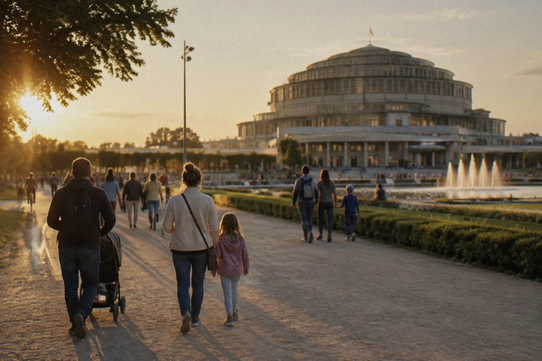 Families walking a wide park path near Centennial Hall in Wroclaw