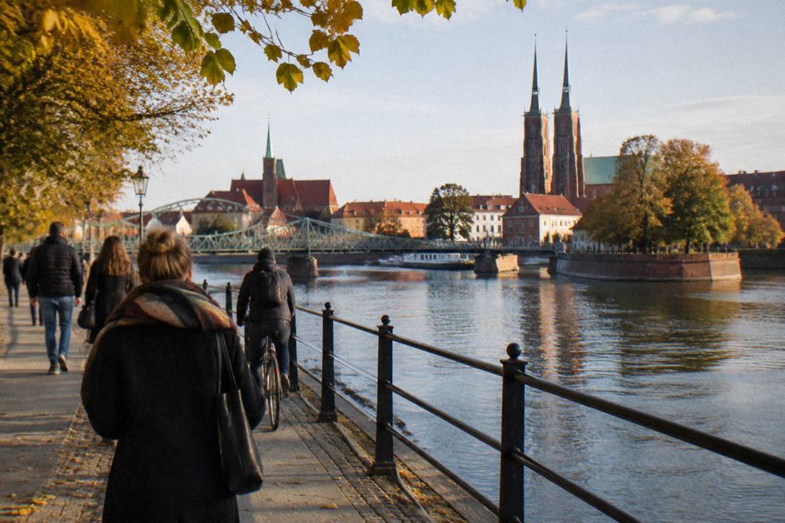 A riverside walkway along the Odra with bridges linking Wroclaw's islands