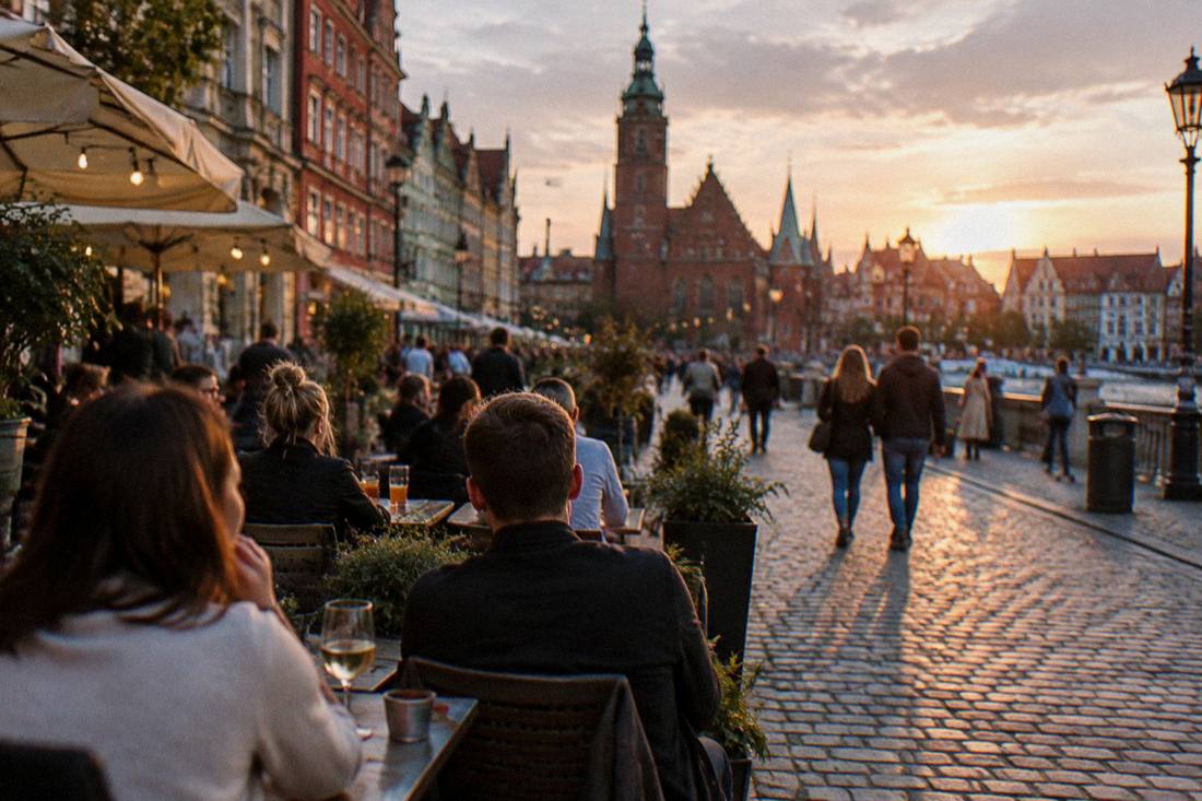 A busy outdoor cafe terrace on a cobbled street at dusk
