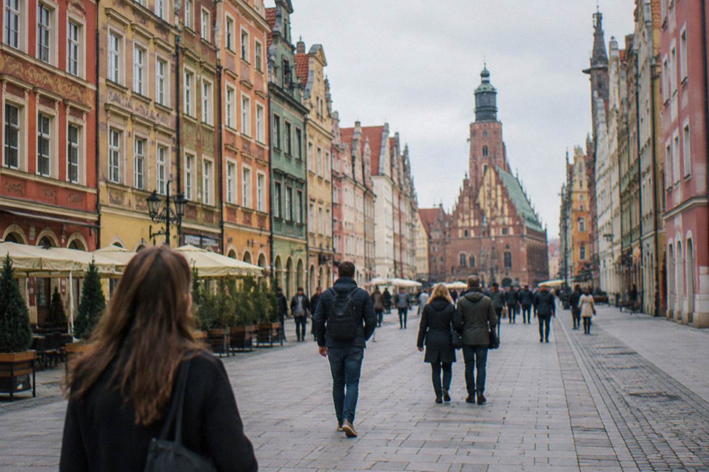 Wide, flat pedestrian street in central Wroclaw with historic painted townhouses on both sides