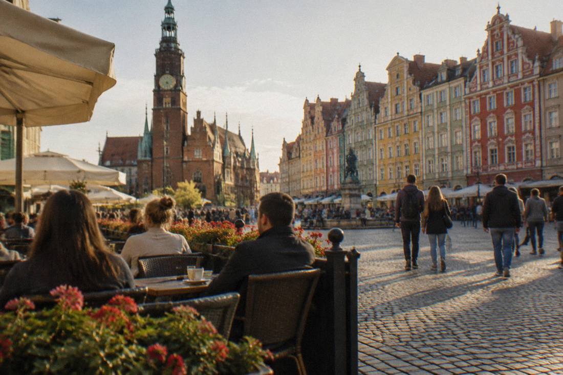 Cobbled market square in Wroclaw with colorful baroque townhouses and people seated at outdoor cafe tables