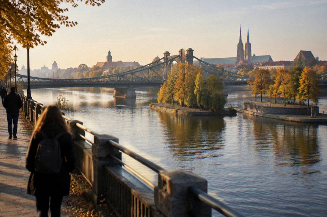 Autumn view along the Odra river in Wroclaw with golden trees and a stone bridge in soft light