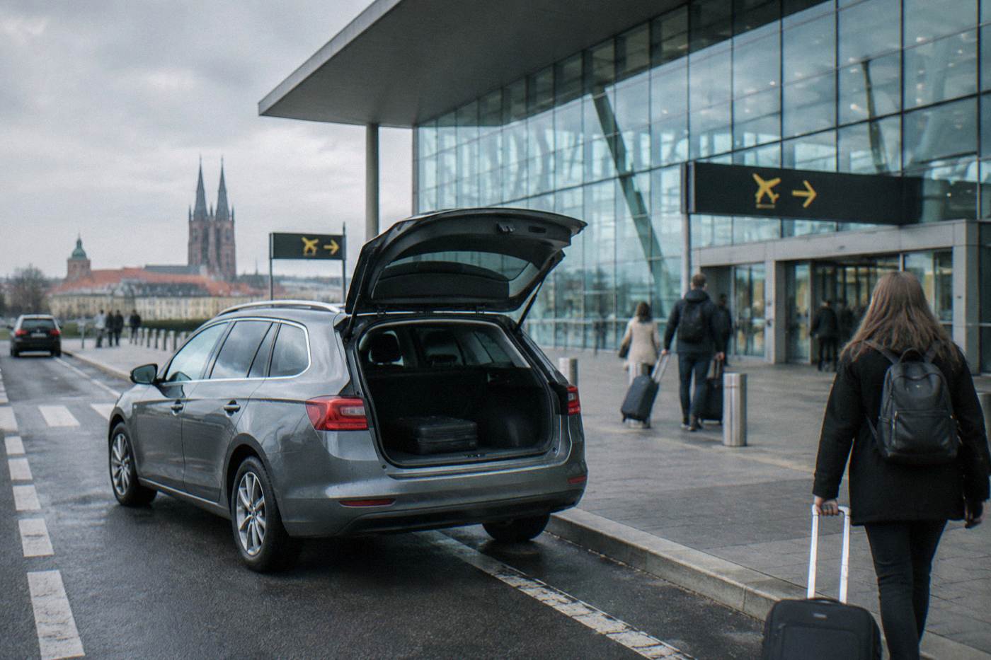 A rental car parked outside a modern airport terminal building with glass walls and departure signs.
