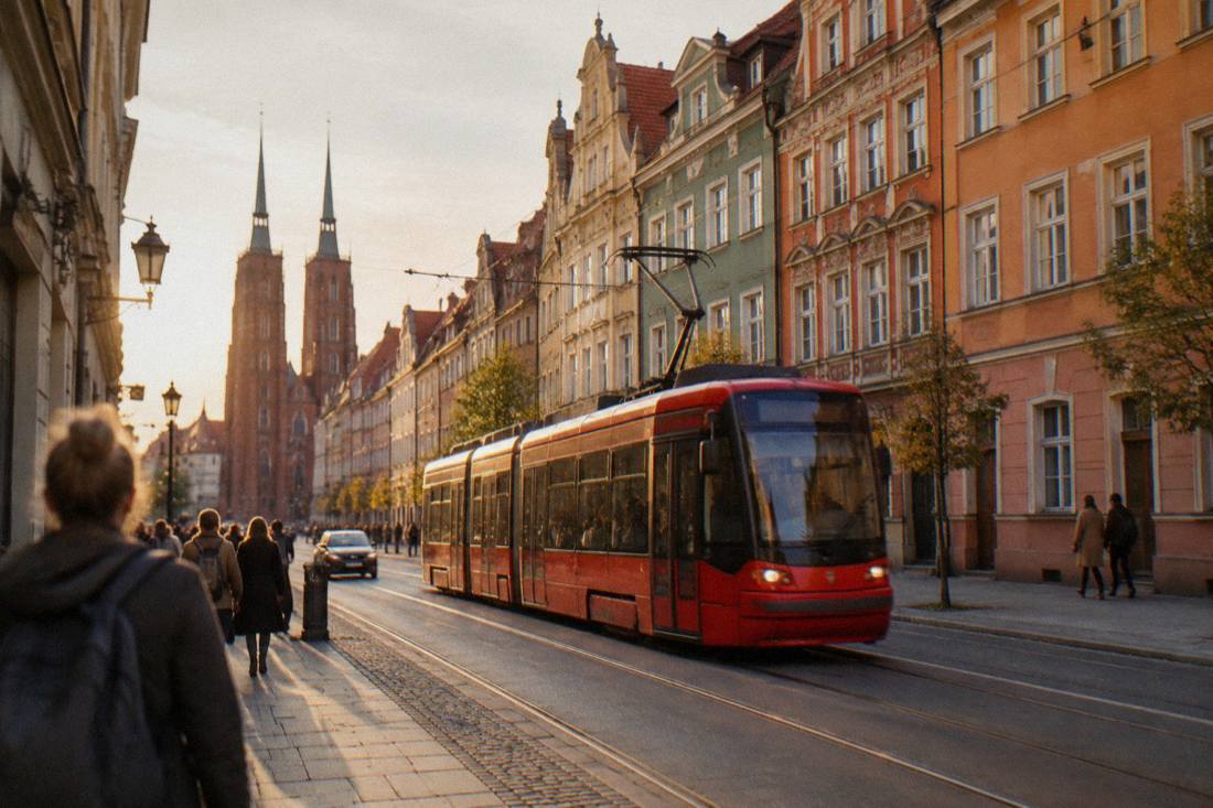 A red tram moving along a track past colorful townhouses on a Wroclaw street.