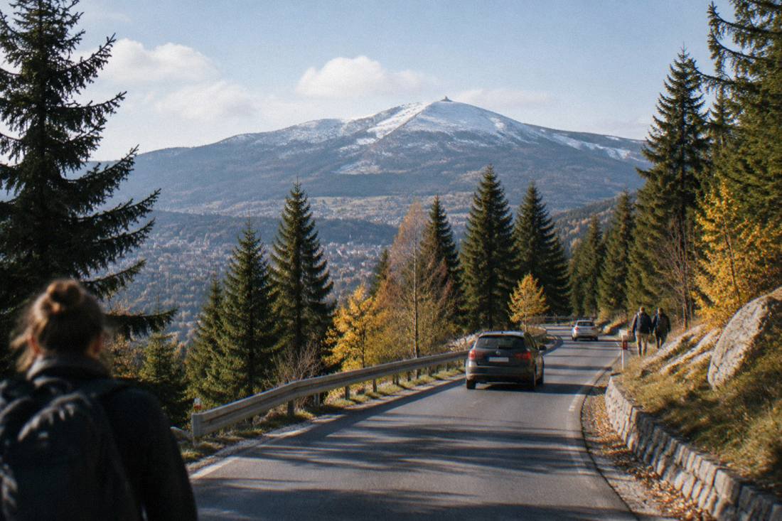 A mountain road winding through pine forest toward a snowy peak under an open sky.