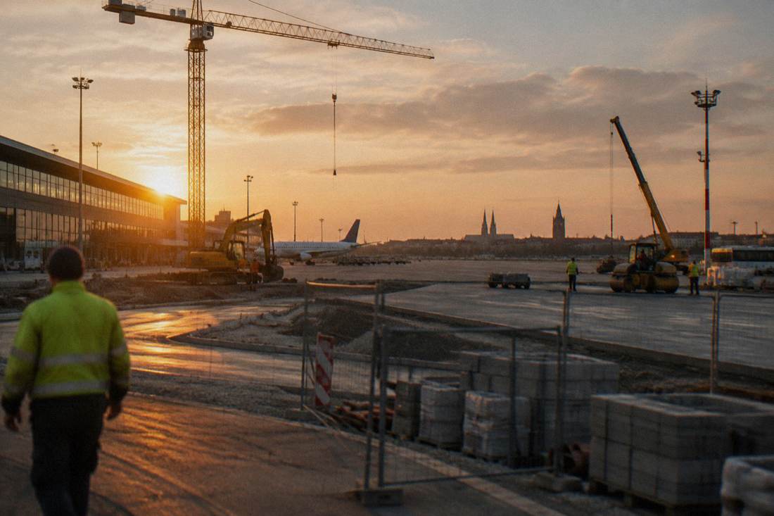 Construction cranes and machinery finishing renovation work on an airport apron area