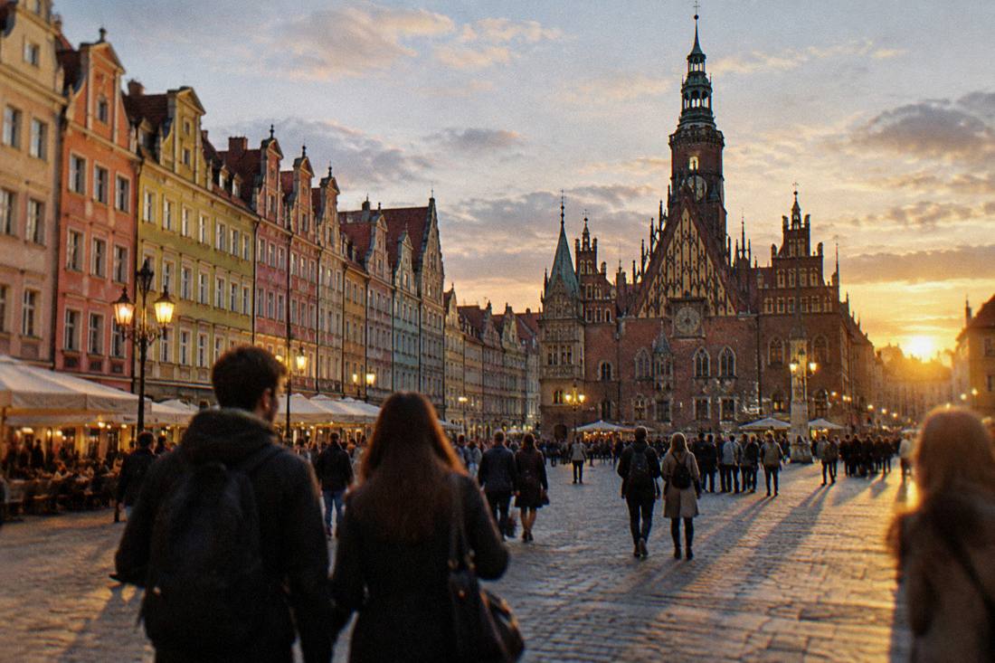 Illuminated market square townhouses and a Gothic hall glowing at dusk with people strolling