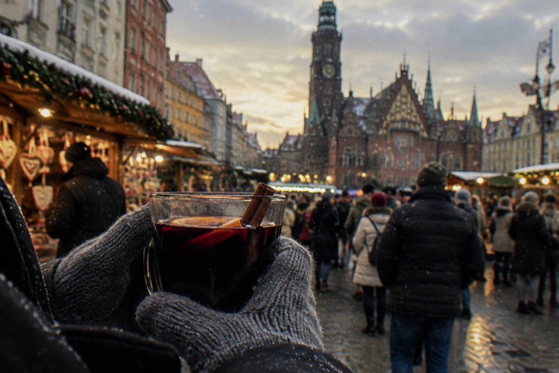 A glass of mulled wine held in gloved hands in front of a blurred background of lit market stalls and falling snow