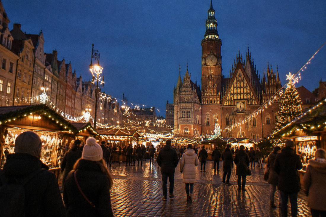 A wide cobblestone square at night with a historic gothic town hall, strings of festive lights, and people in winter coats walking between stalls