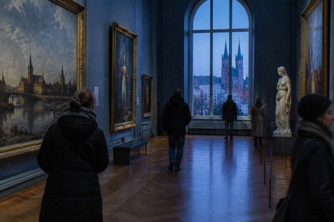 A museum gallery hall with paintings on tall walls and a few visitors in winter coats