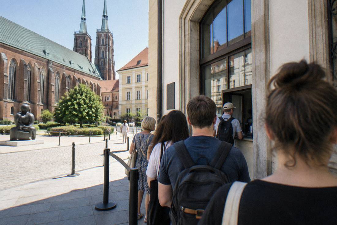 Visitors queueing at a museum ticket counter in Wroclaw's museum quarter