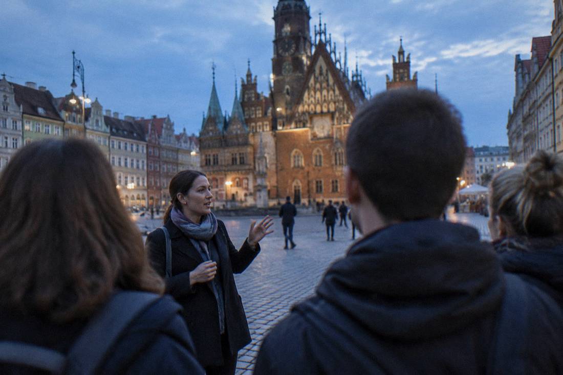 A tour guide speaking to a small group in Wroclaw's Market Square