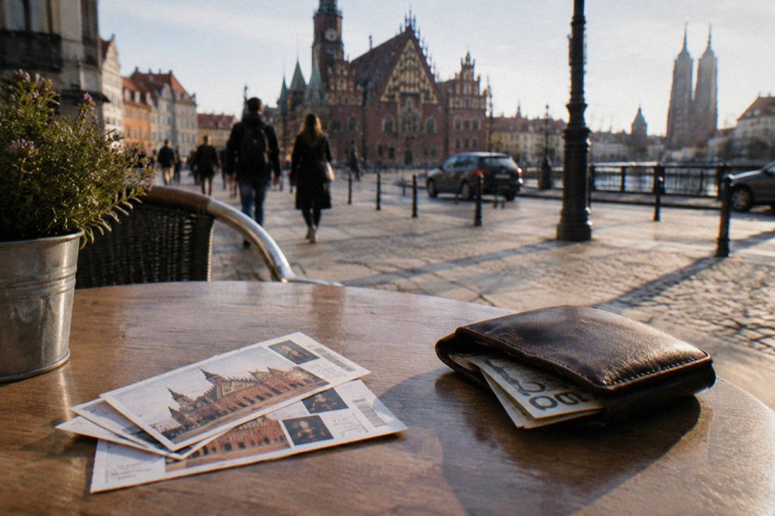 A table of museum tickets and a wallet with zloty notes on a cafe table