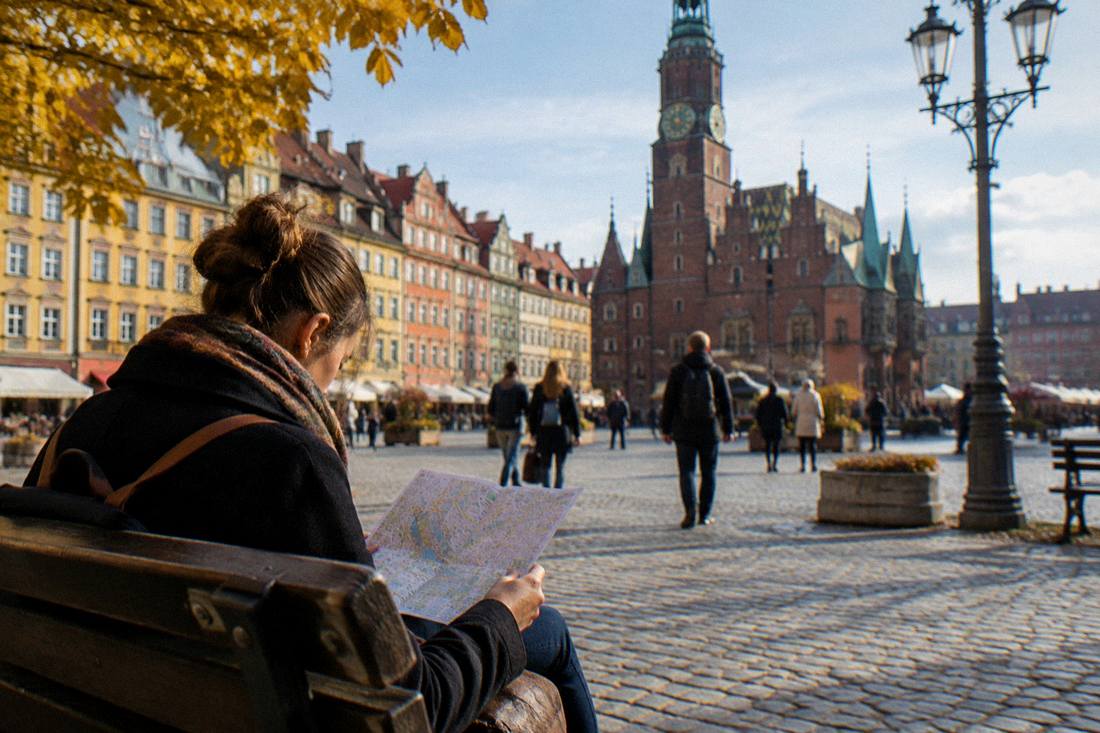 A visitor studying a city map on a bench near Wroclaw's Market Square