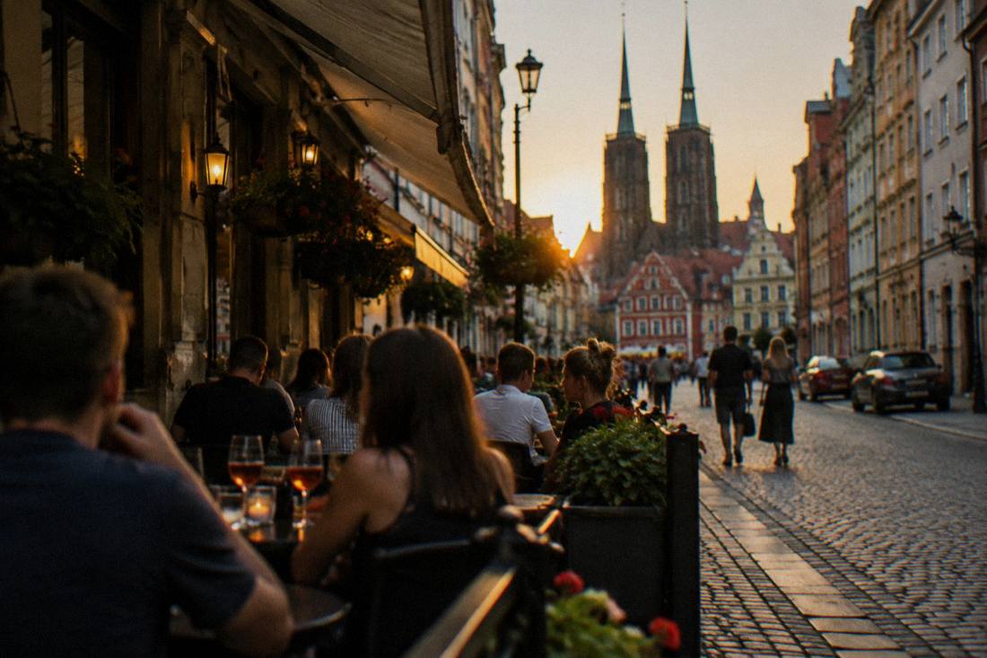 People drinking at outdoor tables on a narrow Old Town street in Wroclaw in the evening