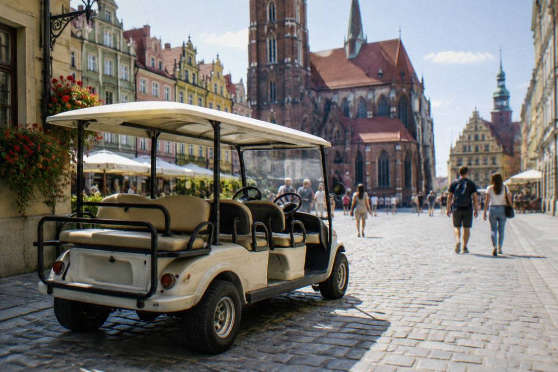 A retro golf cart parked on a cobblestone street in the Wroclaw Old Town