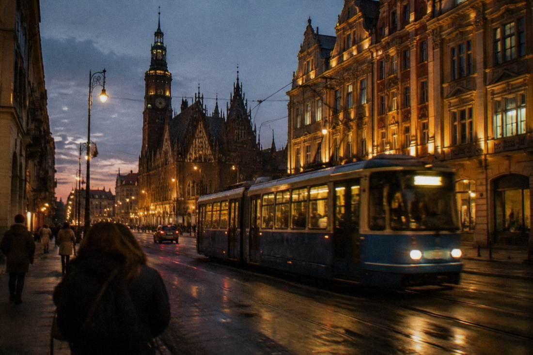 A tram passing lit-up buildings on a Wroclaw street at night