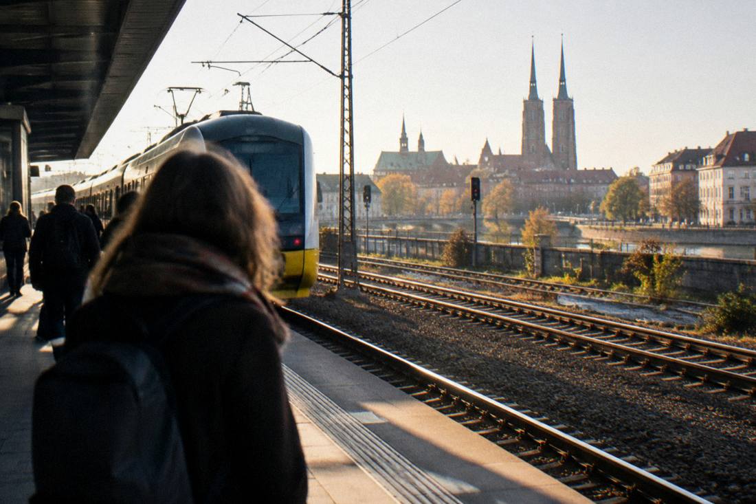 A train waiting at a platform in Wroclaw with morning light on the tracks