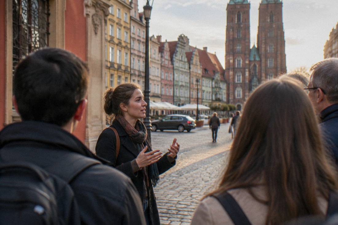 A guide speaking to a small group of visitors on a cobblestone street