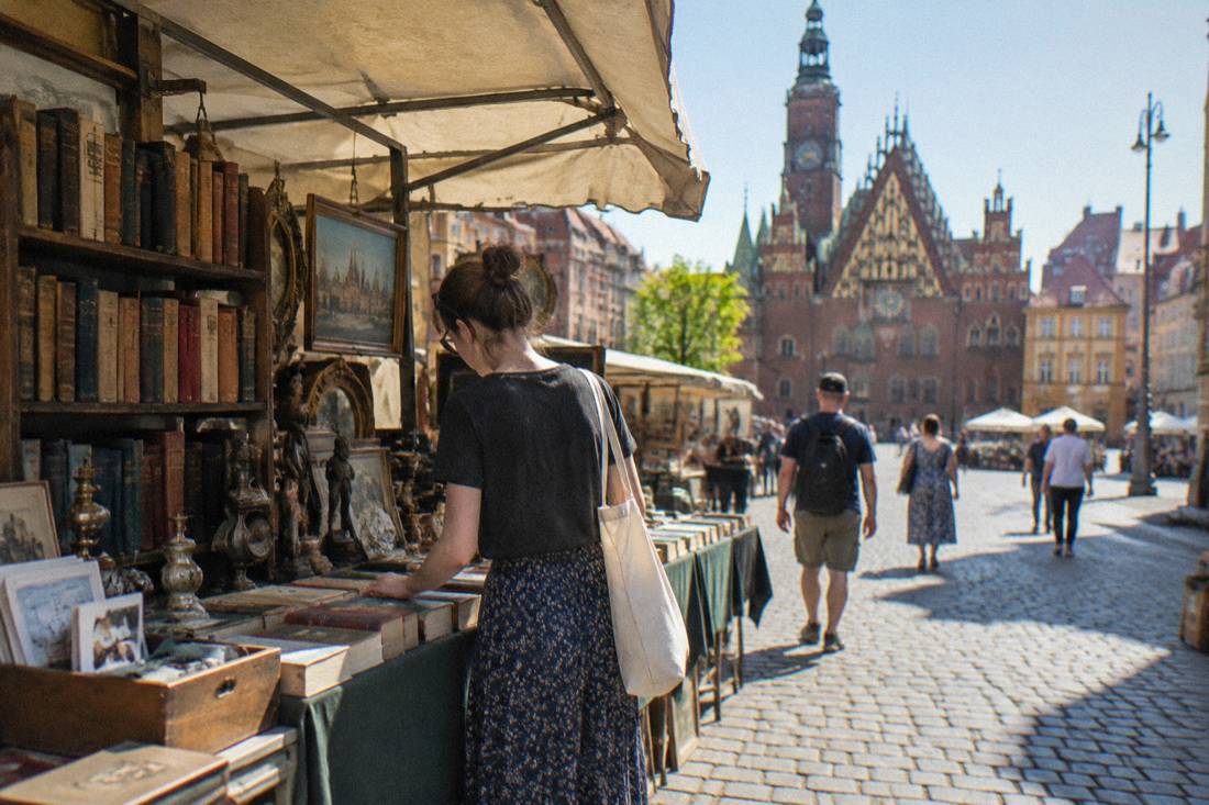A shopper browsing a second-hand book and antique stall under an awning