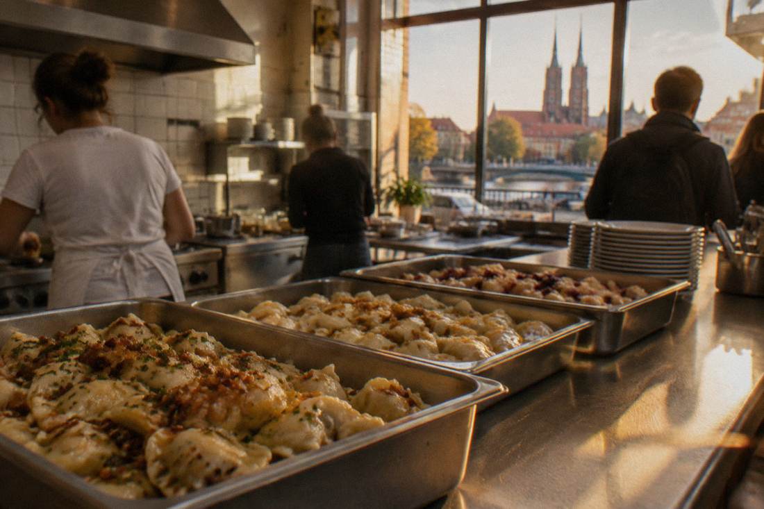 Trays of filled dumplings served on a counter in a simple canteen kitchen