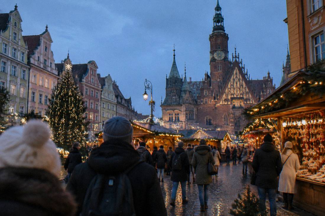 A Christmas market with wooden stalls and string lights in front of colorful facades