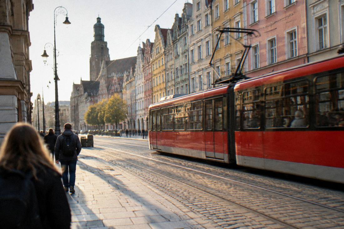 A red tram passing a row of pastel-colored buildings on a city street