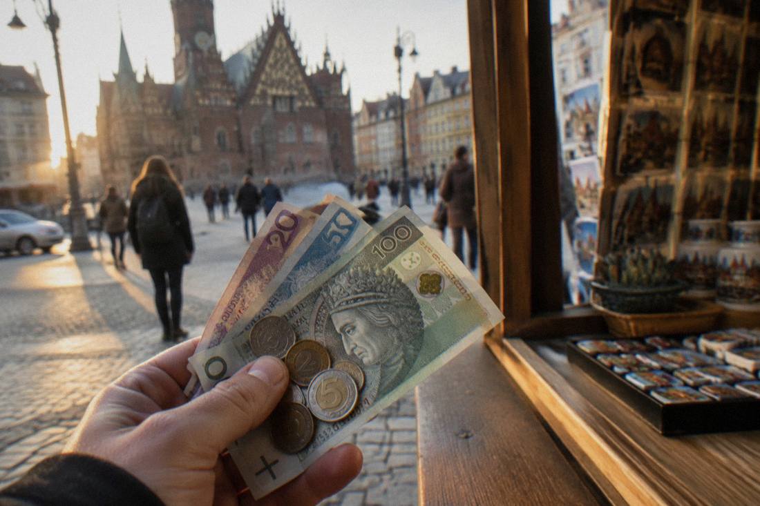 A close-up of zloty banknotes and coins held in a hand over a shop counter